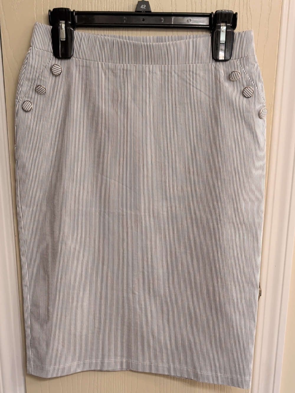 Love Scarlett Blue White Pinstripe Seersucker Pencil Skirt Stretch Size S
